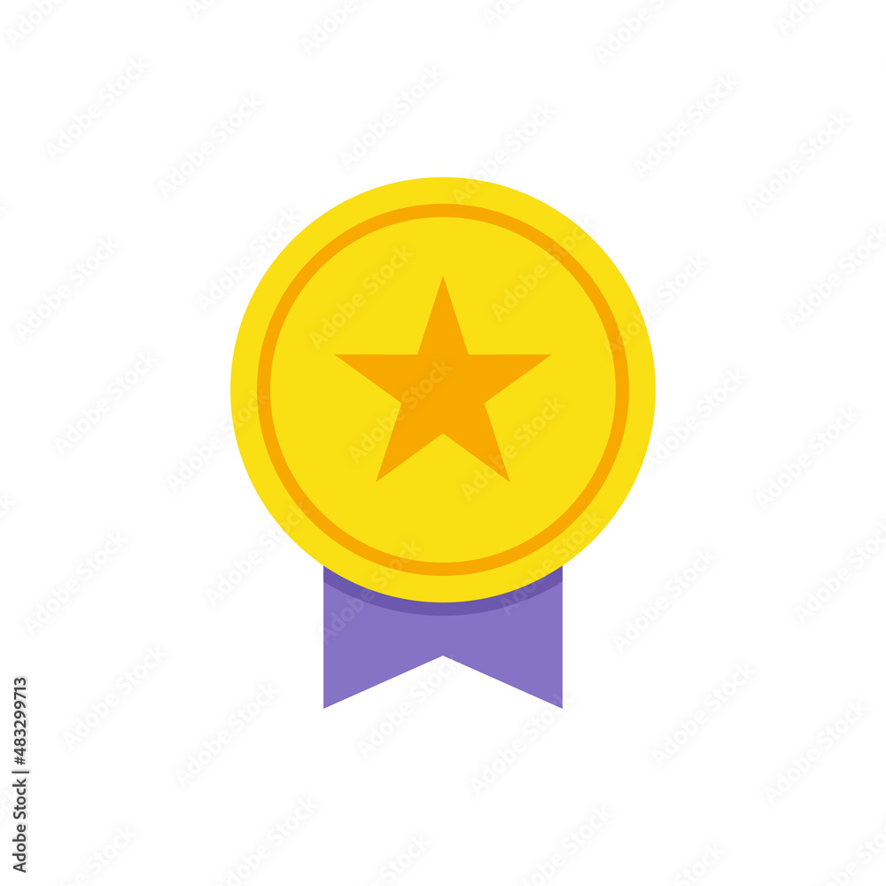Golden circle medal with star and ribbon vector flat illustration. Success badge best award victory Golden circle medal with star and ribbon vector flat illustration. Success badge best award victory