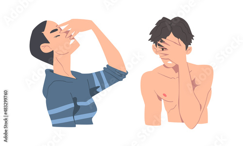 Disappointed Young Man Trying to Remember Something Feeling Frustration About Forgetting Things Vector Set