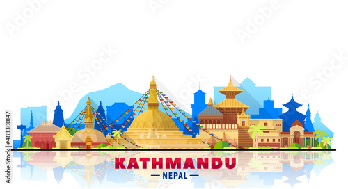 Kathmandu Nepal skyline with panorama in white background. Vector Illustration. Business travel and tourism concept with modern buildings. Image for banner or website. 