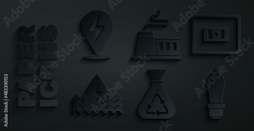 Set Garbage bag with recycle, Electrical outlet, Water energy, Light bulb, Factory and Lightning bolt icon. Vector