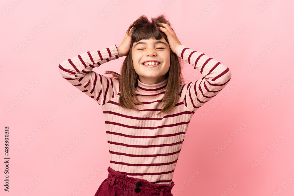 Little girl isolated on pink background laughing Little girl isolated on pink background laughing