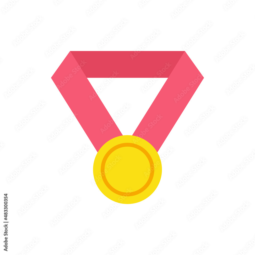 Golden yellow circle metallic medal red ribbon for hanging vector flat illustration Golden yellow circle metallic medal red ribbon for hanging vector flat illustration