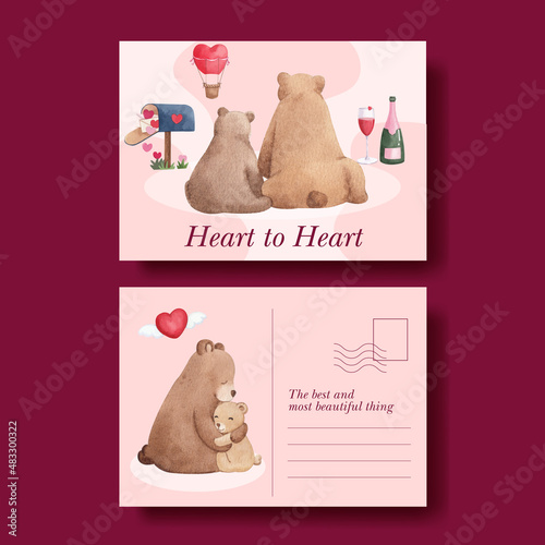 Postcard template with big love hug valentines day concept,watercolor style