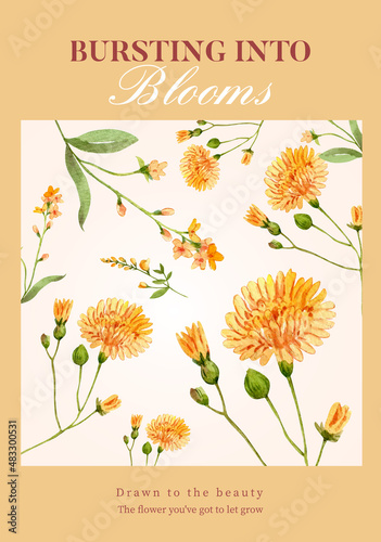 Poster template with wild flowers concept,watercolor style