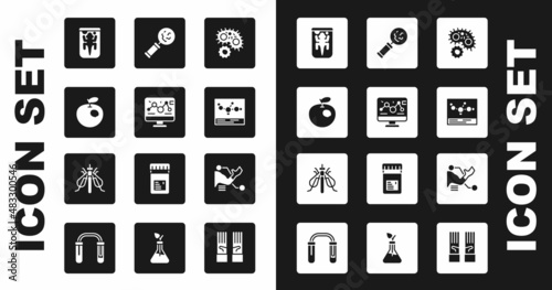 Set Virus, Genetic engineering modification, Genetically modified apple, Experimental animal, Chemical formula, Microorganisms under magnifier, Prosthesis hand and insect icon. Vector