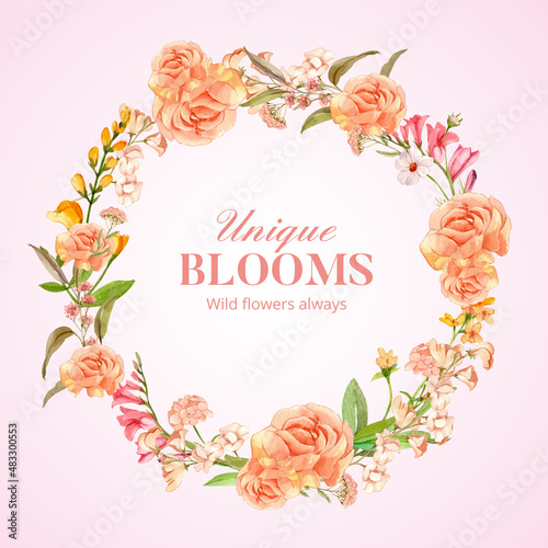 Wreath template with wild flowers concept,watercolor style