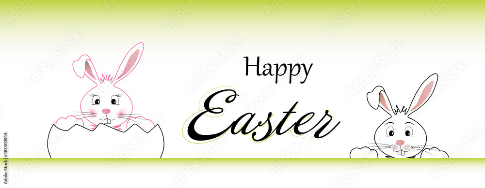 Osterkarte mit zwei einfach gezeichneten Hasen und Schriftzug Happy Easter. - obrazy, fototapety, plakaty 