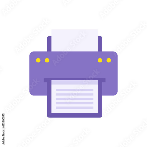 Purple simple printer with paper page for typing text vector illustration. Printout document list