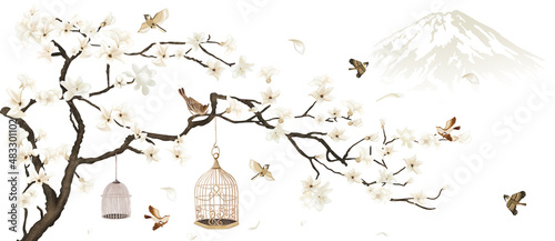 A tree with white flowers magnolia jasmine cherry bird in a cage on the background of a golden mountain