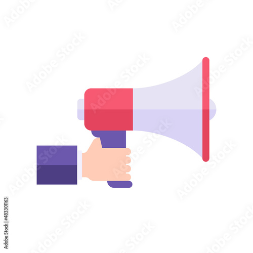 Business man in suit holding megaphone announce promo vector flat illustration politician agitation