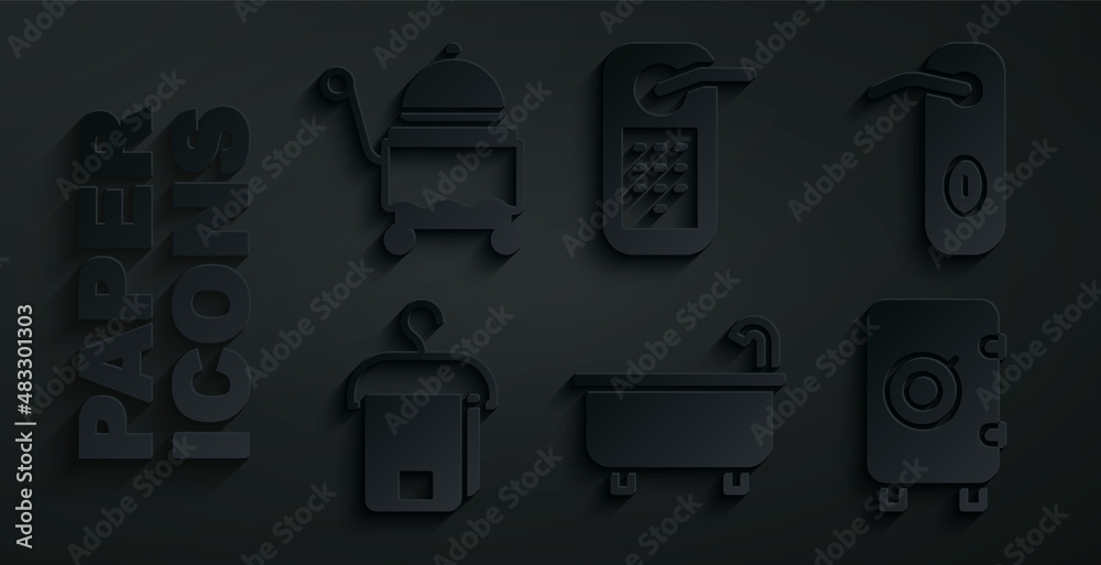Set Bathtub, Door handle, Towel on hanger, Safe, Digital door lock and Covered with tray icon. Vector Set Bathtub, Door handle, Towel on hanger, Safe, Digital door lock and Covered with tray icon. Vector