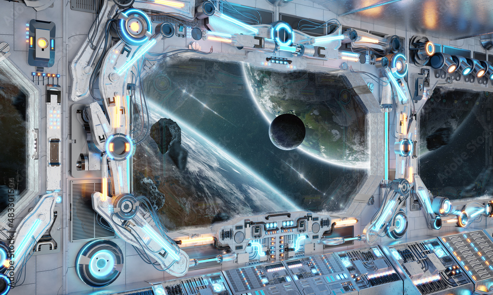 White spaceship interior with glowing blue and red lights. Futuristic spacecraft with large window view on planets in space. 3D rendering White spaceship interior with glowing blue and red lights. Futuristic spacecraft with large window view on planets in space. 3D rendering