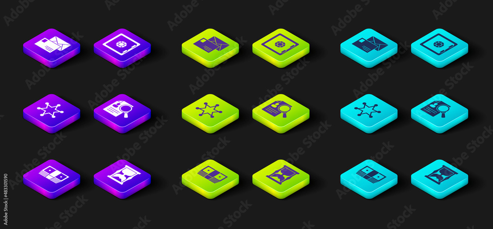 Set Bribe money cash, Old hourglass, Hexagram sheriff, Paper analysis magnifying, Safe and Envelope icon. Vector Set Bribe money cash, Old hourglass, Hexagram sheriff, Paper analysis magnifying, Safe and Envelope icon. Vector