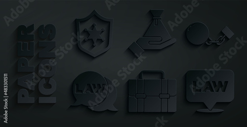 Set Briefcase, Ball on chain, Law, Location law, Bribe money bag and Police badge icon. Vector