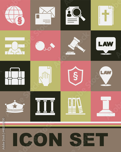 Set Stamp, Location law, Paper analysis magnifying, Ball chain, Prisoner, International and Judge gavel icon. Vector