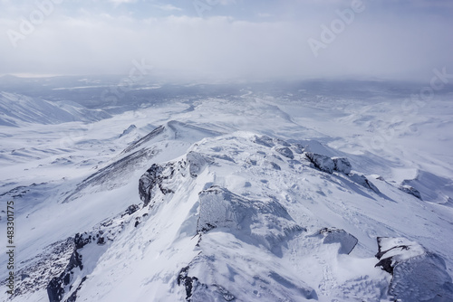 Winter landscape on the Avachinsky pass in Kamchatka