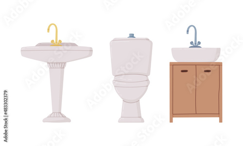 White Bathroom Sink Basin with Tap and Toilet Bowl Vector Set