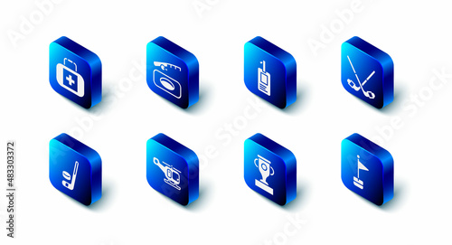 Set Winter fishing, Identification badge, Ice hockey sticks, Location marker, Award cup, Rescue helicopter, and puck and First aid kit icon. Vector