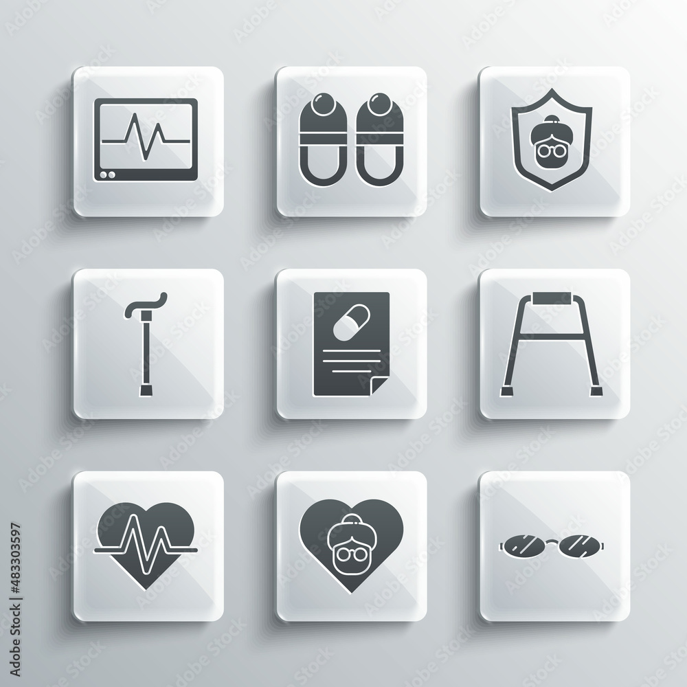 Set Grandmother, Eyeglasses, Walker, Medical prescription, Heart rate, Walking stick cane, Monitor with cardiogram and icon. Vector Set Grandmother, Eyeglasses, Walker, Medical prescription, Heart rate, Walking stick cane, Monitor with cardiogram and icon. Vector