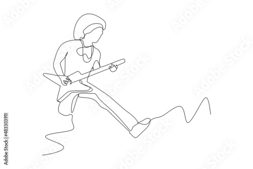 Single continuous line drawing of  male rock star jump guitarist while play guitar. Dynamic musician artist performance concept single line graphic draw design vector illustration