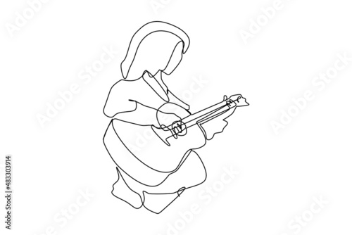 continuous line drawing of  female guitarist playing acoustic guitar. Dynamic musician artist performance concept single line graphic draw design vector illustration