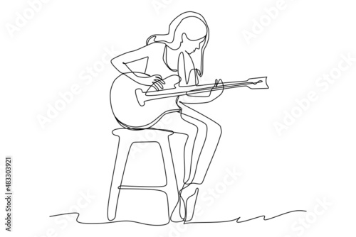 continuous line drawing of  female sitting guitarist playing guitar. Dynamic musician artist performance concept single line graphic draw design vector illustration