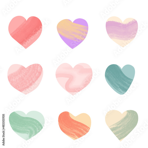 Set of abstract hearts with a watercolor fill of pink, yellow and green shades on a white background for the design of a postcard, banner.