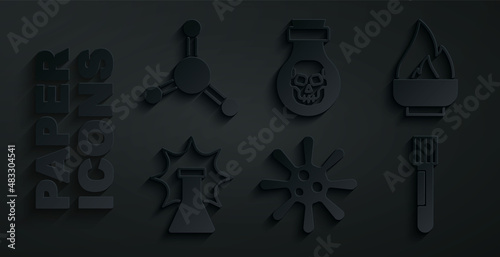 Set Bacteria, Alcohol or spirit burner, Chemical explosion, Test tube and flask, Poison in bottle and Molecule icon. Vector