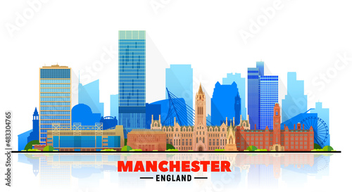 Manchester England skyline with panorama in white background. Vector Illustration. Business travel and tourism concept with modern buildings. Image for banner or web site.
