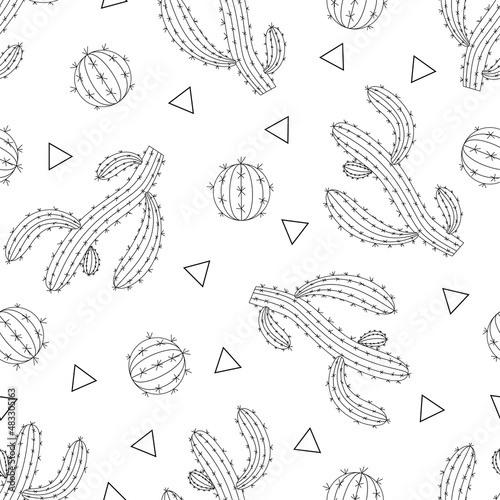 Vector seamless pattern of cacti doodle black and white..Hand drawn doodle cactus background. Coloring pages set with cute cactuses.