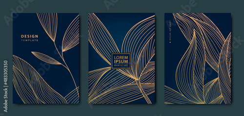Vector japanese background with Gold texture. Luxury black wavy line pattern. Premium backdrop for business layout, texture for print, poster, book, cover. Leaves, plant, nature.