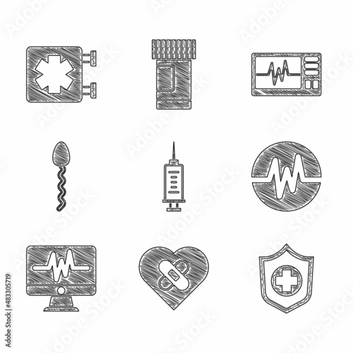 Set Syringe, Healed broken heart, Life insurance hand, Heart rate, Monitor with cardiogram, Sperm, and Medical symbol of the Emergency icon. Vector