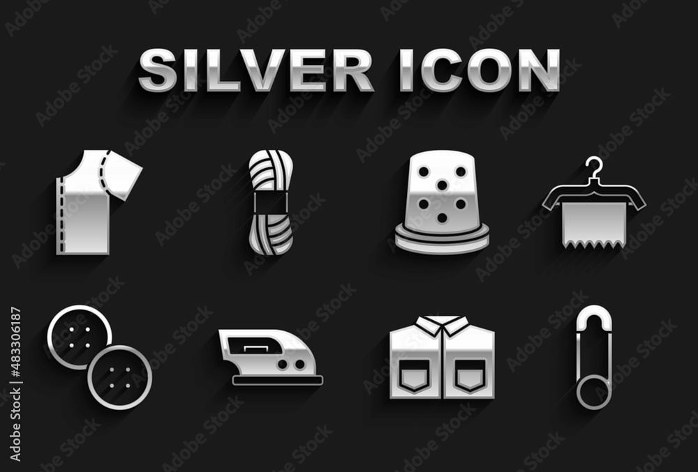 Set Electric iron, Hanger wardrobe, Safety pin, Shirt, Sewing button, Thimble for sewing, pattern and Yarn icon. Vector Set Electric iron, Hanger wardrobe, Safety pin, Shirt, Sewing button, Thimble for sewing, pattern and Yarn icon. Vector