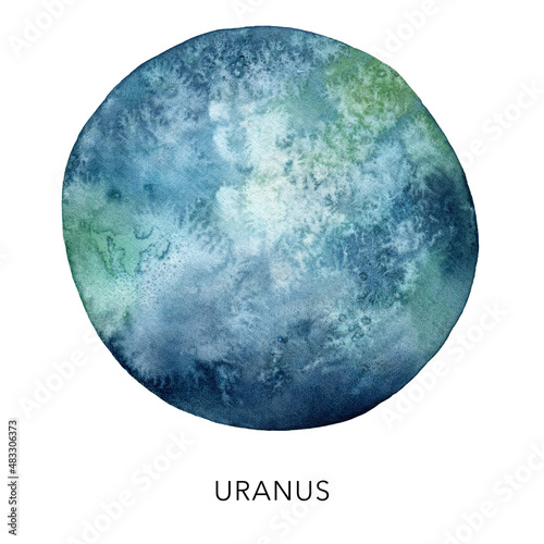 Watercolor abstract blue Uranus planet. Hand painted satellite isolated on white background. Minimalistic space illustration for design, print, fabric or background.