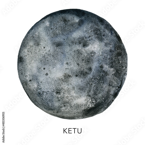 Watercolor abstract Ketu planet. Hand painted satellite isolated on white background. Minimalistic space illustration for design, print, fabric or background.