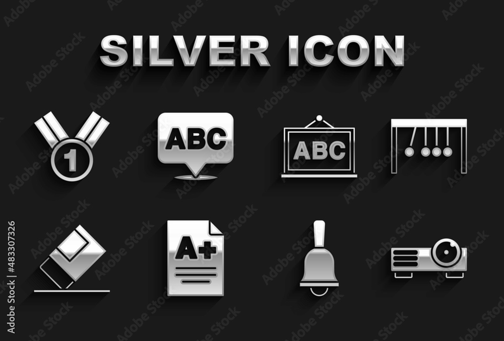 Set Exam sheet with A plus grade, Pendulum, Movie, film, media projector, Ringing bell, Eraser rubber, Chalkboard, Medal and Alphabet icon. Vector Set Exam sheet with A plus grade, Pendulum, Movie, film, media projector, Ringing bell, Eraser rubber, Chalkboard, Medal and Alphabet icon. Vector