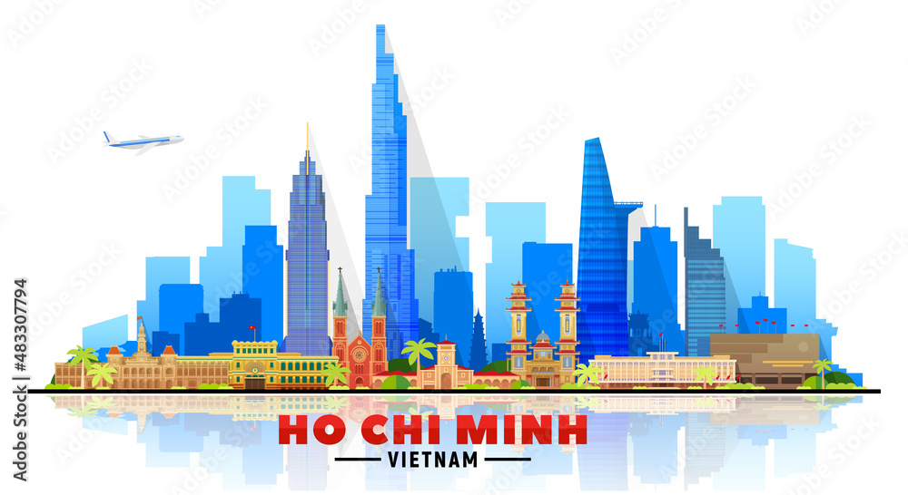 Ho Chi Minh City (Vietnam) skyline with panorama in white background. Vector Illustration. Business travel and tourism concept with modern buildings. Image for banner or website