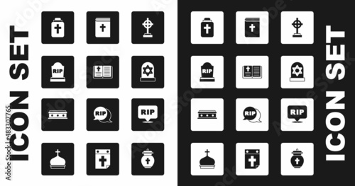 Set Grave with cross, Holy bible book, Tombstone RIP written, Funeral urn, star of david, Speech bubble rip death and Coffin icon. Vector