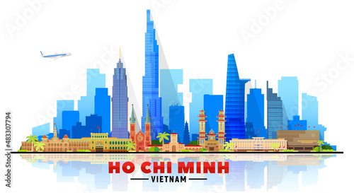Ho Chi Minh City (Vietnam) skyline with panorama in white background. Vector Illustration. Business travel and tourism concept with modern buildings. Image for banner or website