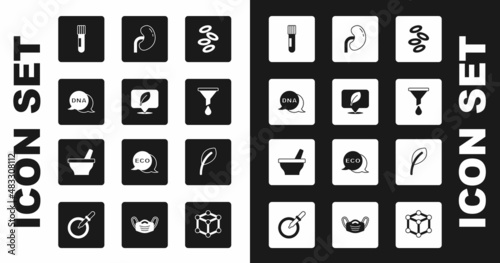 Set Hemoglobin, Location with leaf, DNA symbol, Test tube and flask, Funnel or filter, Human kidney, Leaf leaves and Mortar pestle icon. Vector