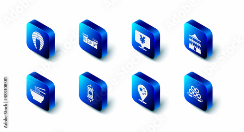 Set Great wall of China, Chinese Yuan currency, house, Sushi on cutting board, flag, paper lantern, Asian noodles bowl and Fish steak icon. Vector