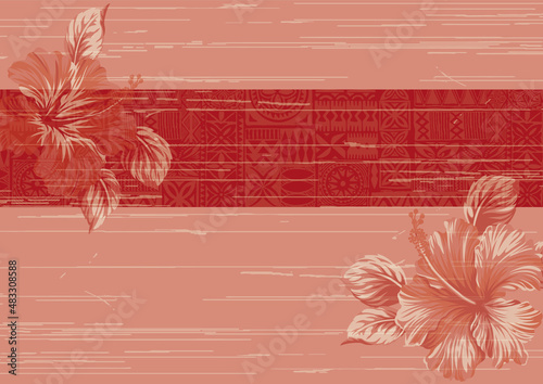 Hawaiian style wallpaper with hibiscus flowers and tribal motifs abstract vector background