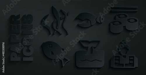 Set Whale tail in ocean wave, Sushi, Tropical fish, Fisherman, Lobster or crab claw and Seaweed icon. Vector