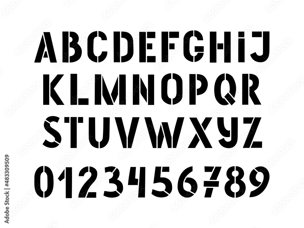 Hand drawn stencil alphabet and numbers isolated on white background. Army stencil lettering. Stamp stencil-plate letters for print design. Hand drawn stencil alphabet and numbers isolated on white background. Army stencil lettering. Stamp stencil-plate letters for print design.