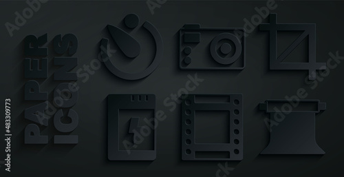 Set Camera roll cartridge, Picture crop photo, Battery for camera, Empty studio, Photo and timer icon. Vector