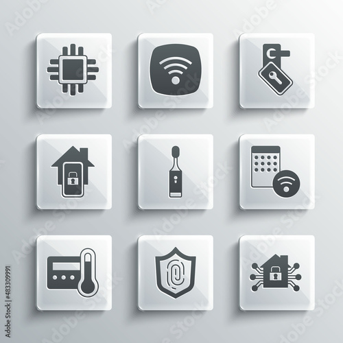 Set Fingerprint, Smart home, Air humidifier, Electric toothbrush, Thermostat, Mobile with smart, Processor CPU and Digital door lock icon. Vector