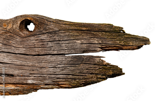 close up of a wooden sign background of old brown wooden board with cracks and hole isolated on white