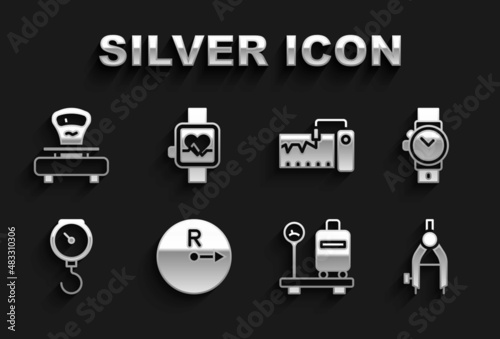 Set Radius, Wrist watch, Drawing compass, Scale with suitcase, Hand scale spring mechanical, Measuring instrument, Scales and Smart icon. Vector