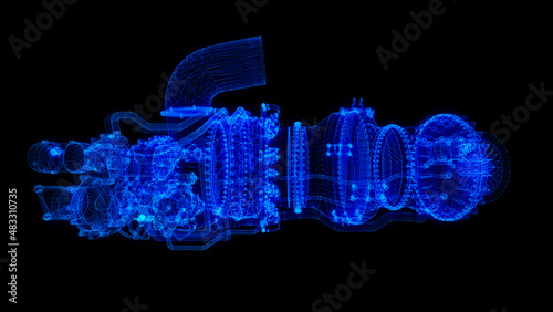 Gas turbine engine. Blue particle and lines form 3d model. 3d rendering.