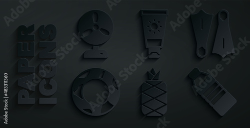 Set Pineapple, Rubber flippers for swimming, ring, Bottle of water, Sunscreen cream tube and Electric fan icon. Vector